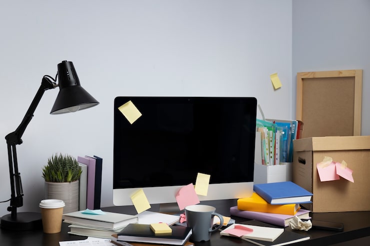 Überladener Schreibtisch eines Designers