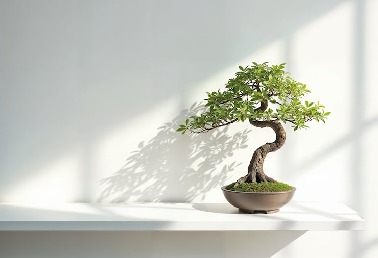 Zentrierter Bonsai-Baum oder Ikebana-Arrangement